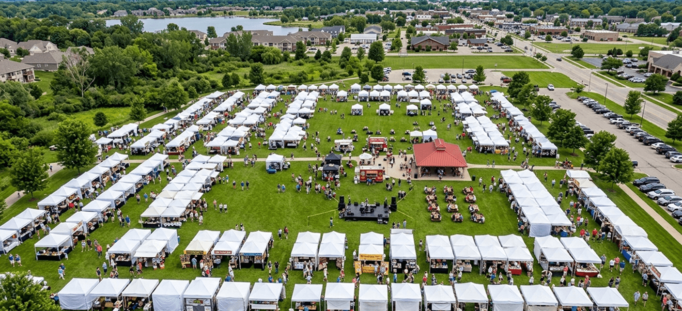 Aerial view of outdoor festival with pop-up tents